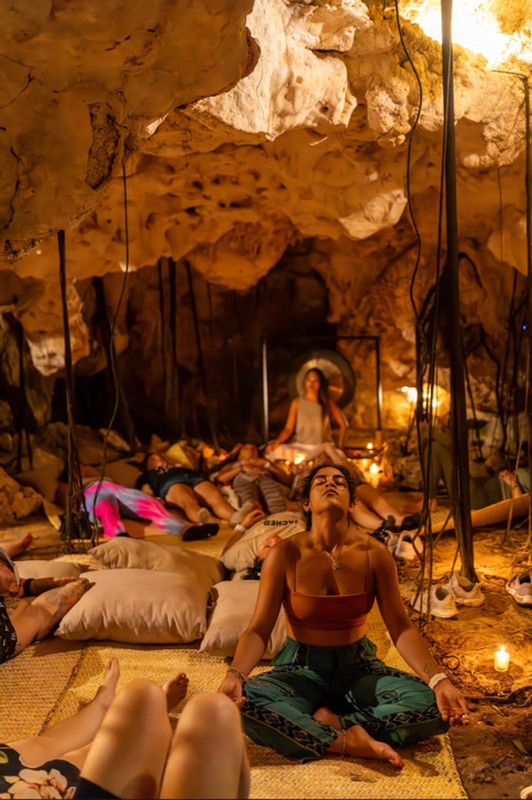 Cave sound healing experience during the Body & Nourishment Retreat in Mexico.