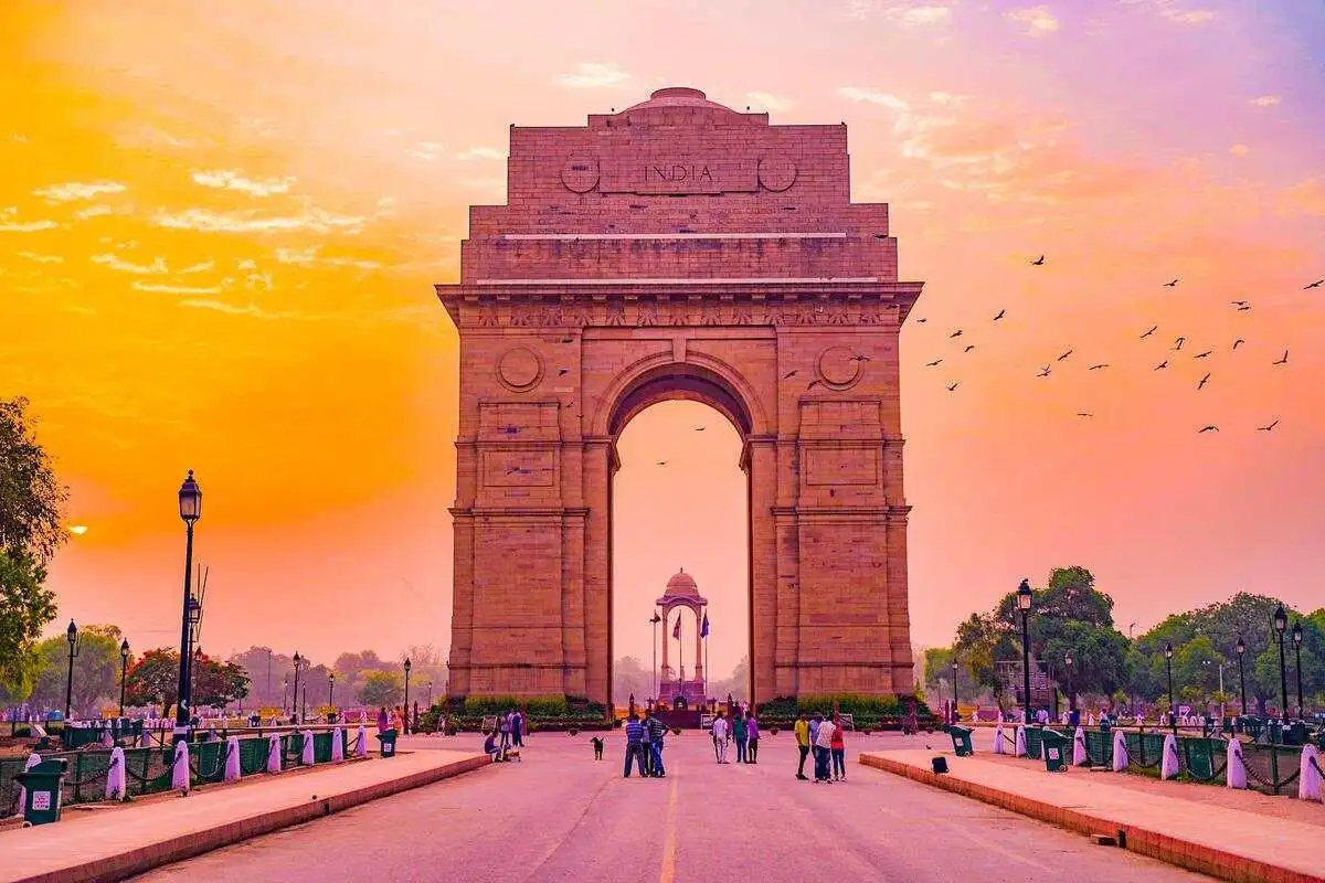 India Gate in Delhi at golden sunset